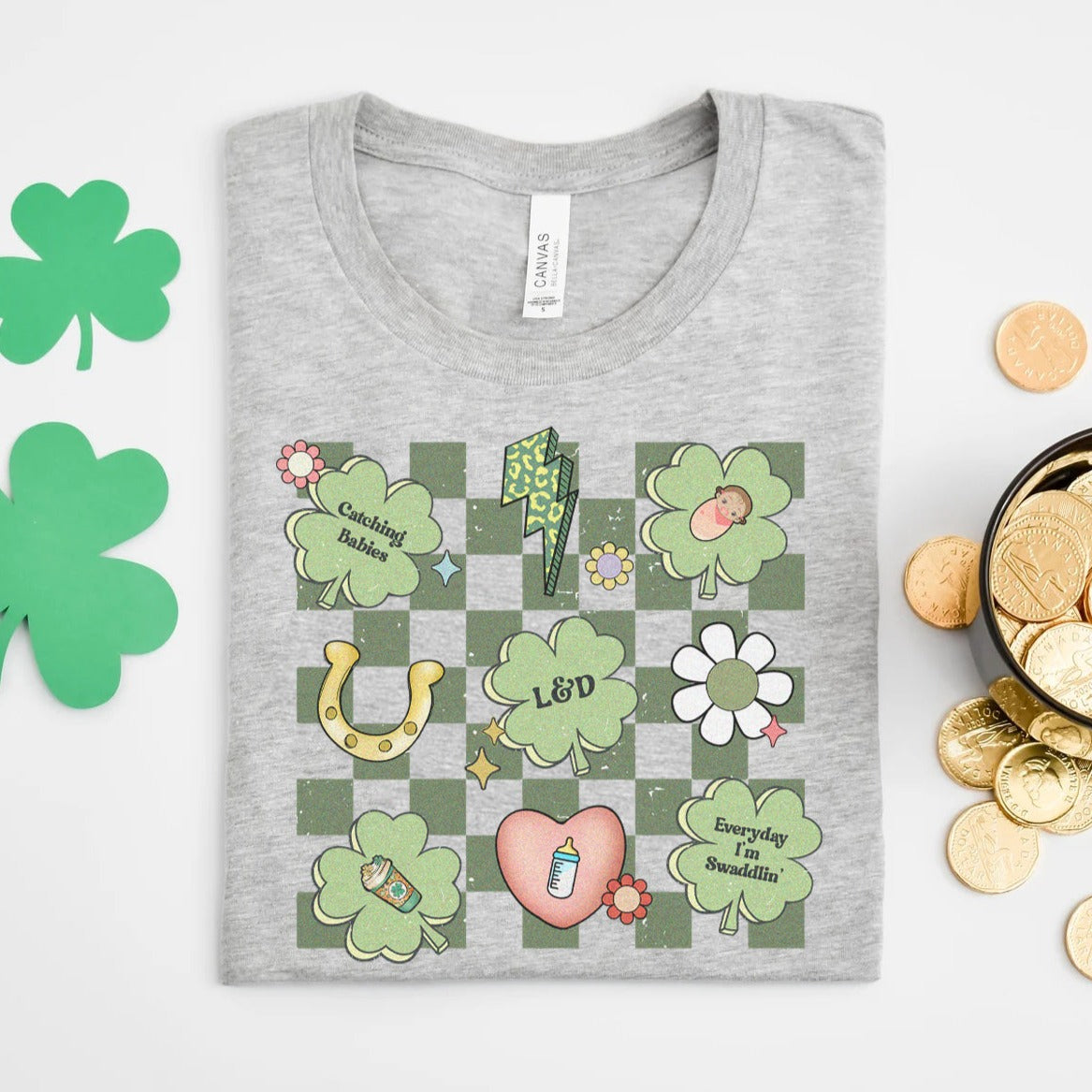 l_dretrostpatrickgray Checkered L&D St Patrick's Day T-Shirt - Image 1